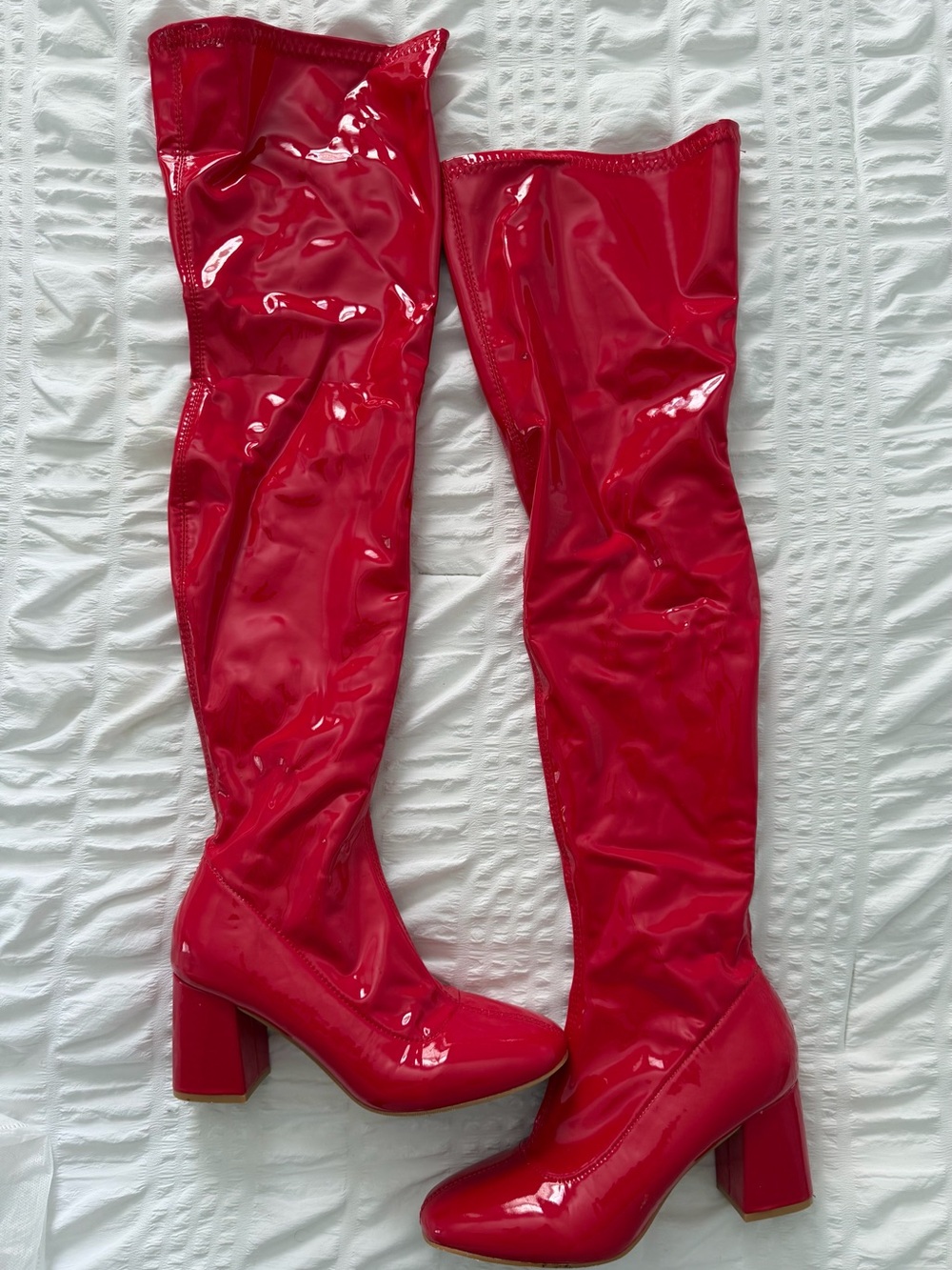 Patent red knee high boots
